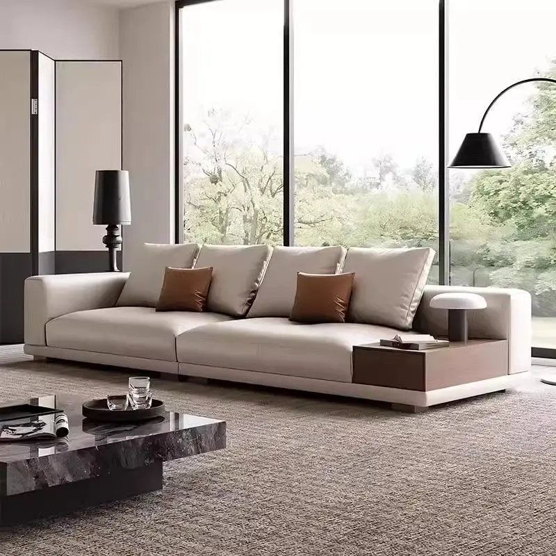 First layer leather sofa, solid wood simple Italian style, modern minimalist light luxury, straight row sofa 2
