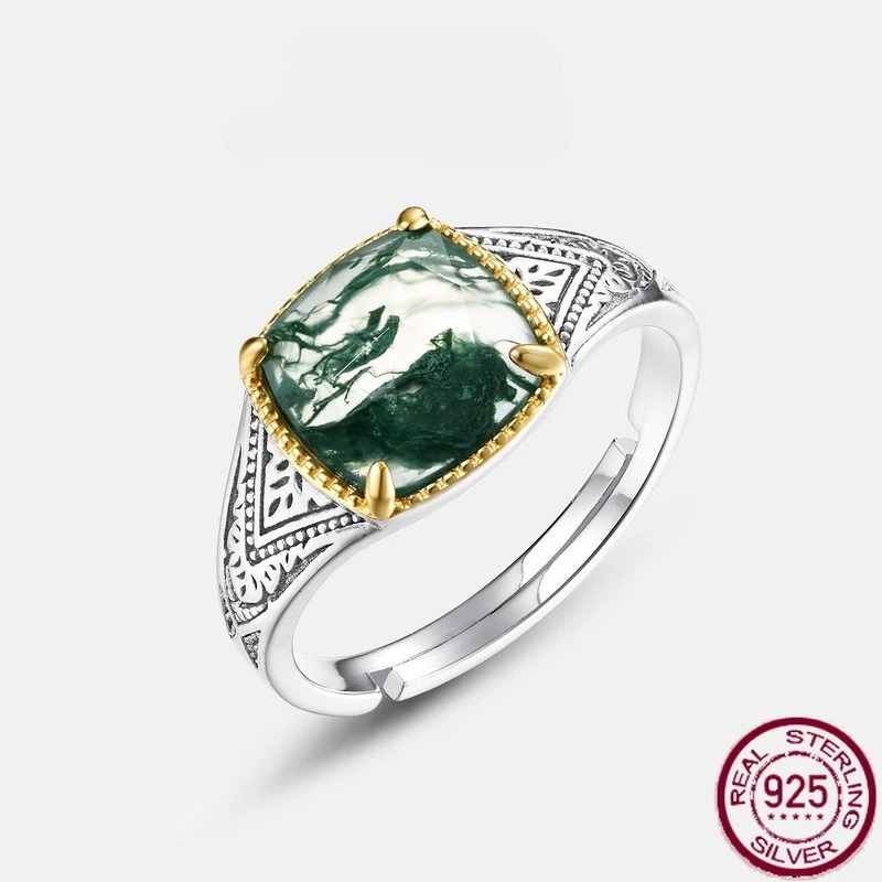 

New S925 Pure Silver Geometric Fashion Water Grass Agate Natural Green Moss Stone Open Ring Wedding Jewelry