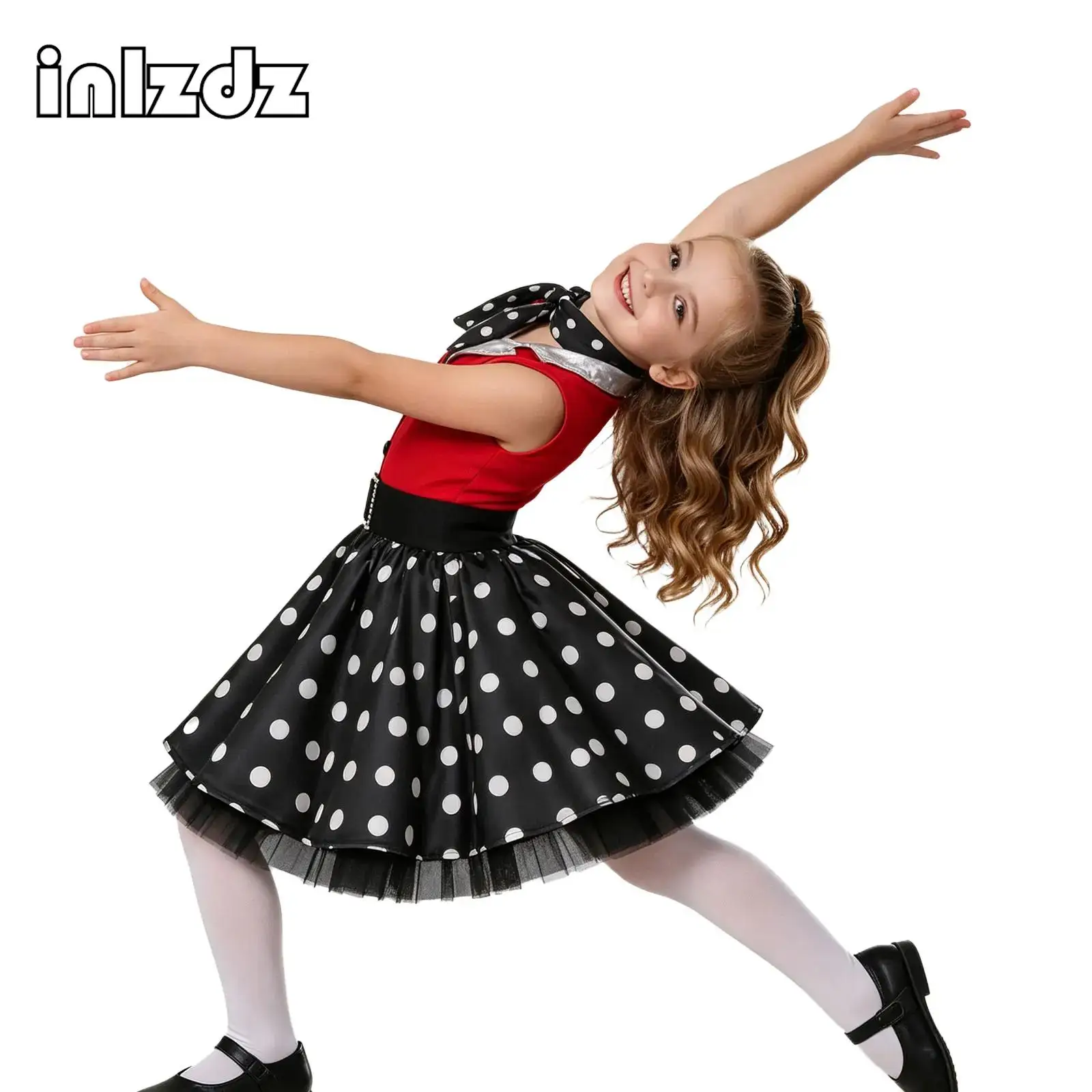 Retro 50s 60s Stage Performance Costume for Kids Girls Ballet Modern Jazz Latin Dance Dresses Metallic Dot Dress with Neck Scarf