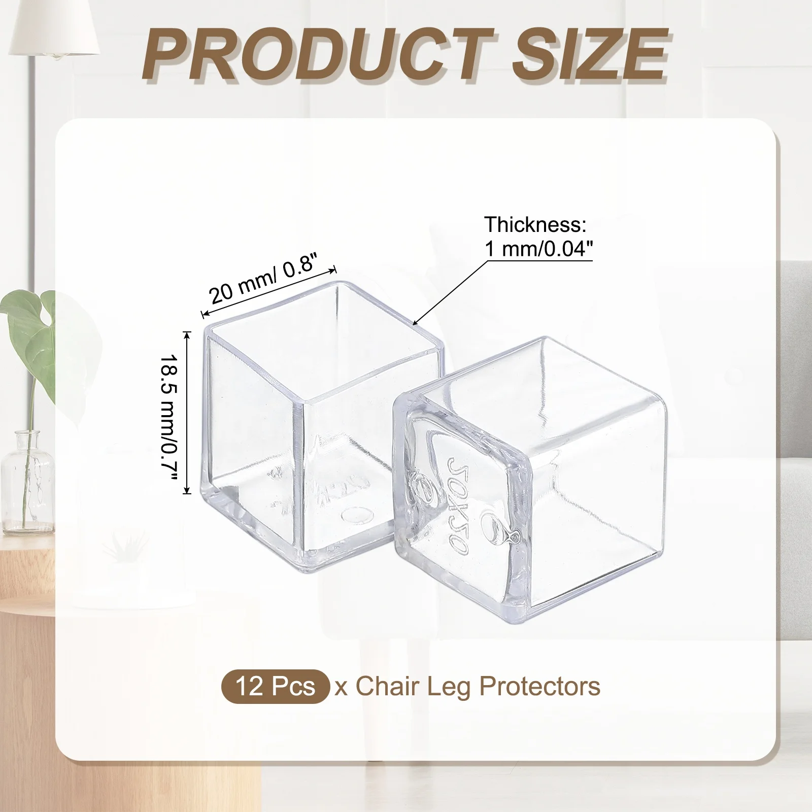 12Pcs Rectangle PVC Chair Leg Caps Clear Protectors Square Bottom Foot Covers Silent Anti-slip Furniture Floor Pads 14-40mm Size