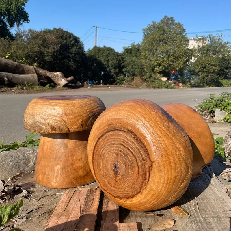 Round Camphor Wood Mushroom Stool Tree Root Carved Seat Rustic Wooden Stump Chair for Garden Natural Log Block Side Table Stool view 4