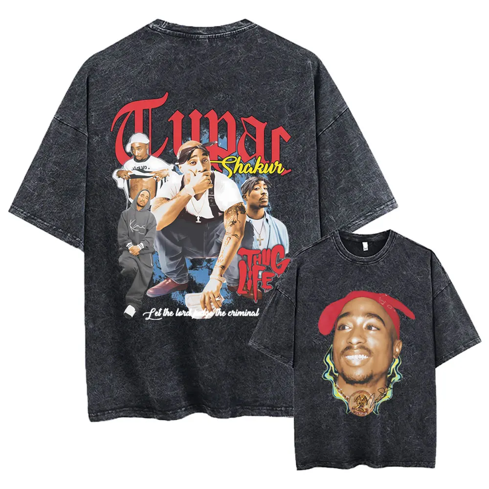 Rapper Tupac 2pac Vintage Washed T-shirts Men Women Hip Hop Fashion Retro T Shirts Male High Quality Cotton T-shirts Streetwear