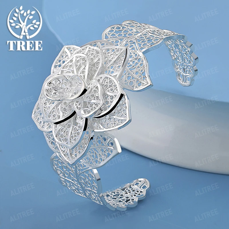 

High Quality 925 Sterling Silver Hollow Flower Opening Bangles Lady Fine Beautiful Jewelry Accessories Birthday Party Gifts