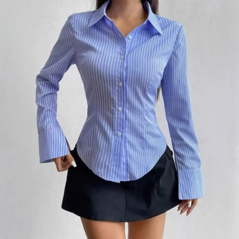 Klassische gestreifte langärmelige Bluse, Patchwork-Hemd mit Knopfleiste für Damen, dünner Umlegekragen, Retro-Chic-Oberteil – Detail 4