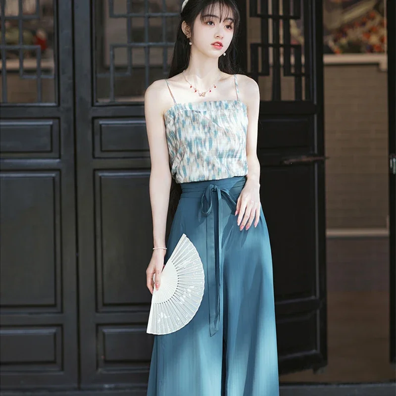 New Chinese Style Improved Hanfu Set Blue Cardigan Suspender Pants Tang Suit Women's Elegant Vintage Classic Traditional Costume