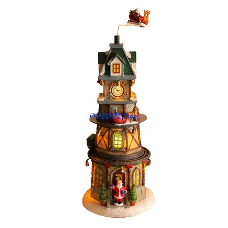 

367A Colorful Rotatable Music Box Christmas Village House Figurine Round Toy with LED