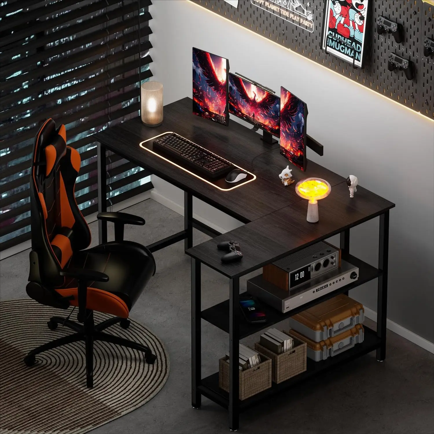 Home Office Desk with Shelf, Gaming Desk Corner Table for Work, Writing and Study, Space-Saving, Black