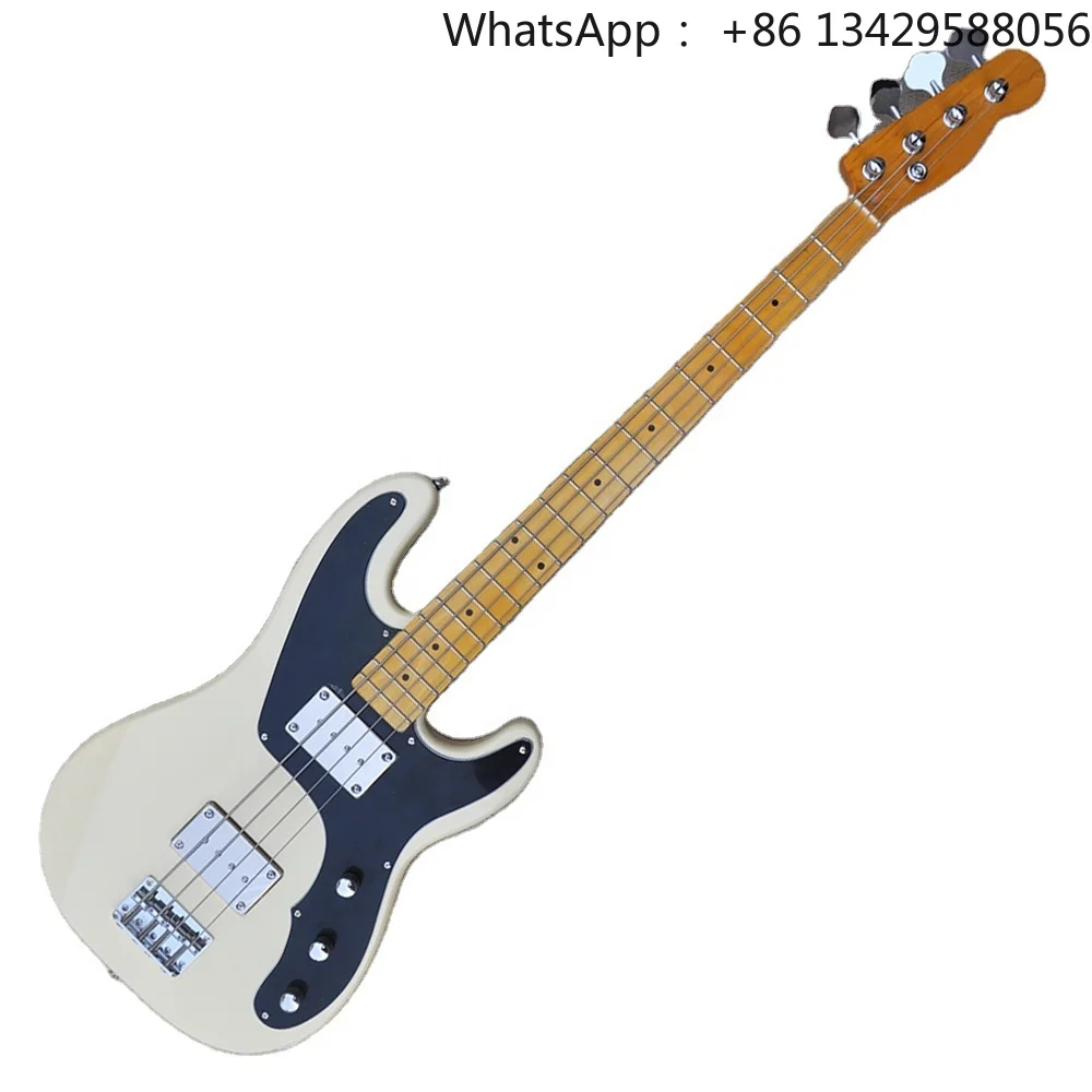 Flyoung Basswood Solid Body Milk White 4 Strings Metal Electric Bass Guitar Maple Neck