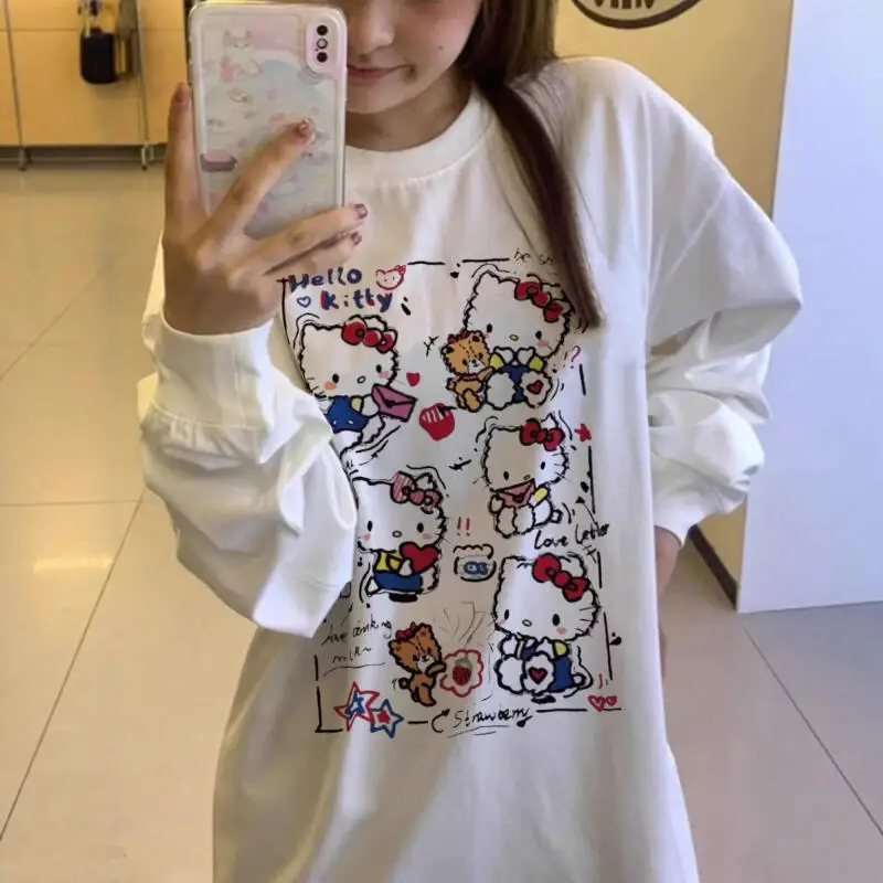 Детская хлопковая футболка с длинными рукавами и принтом Kawaii Anime Kitty Cat Anime Miniso, милая женская повседневная свободная толстовка с капюшоном, игрушки