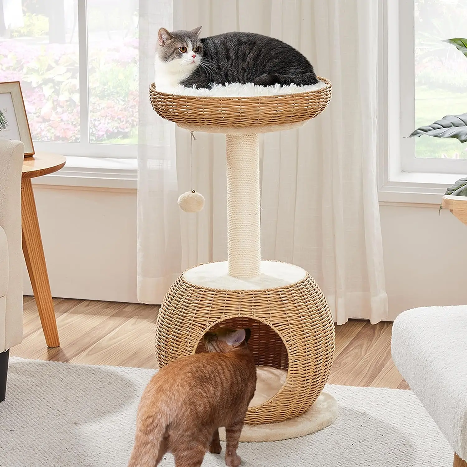 Small Boho Cat Tree w/Woven Rattan Perch and Scratching Post, Customized