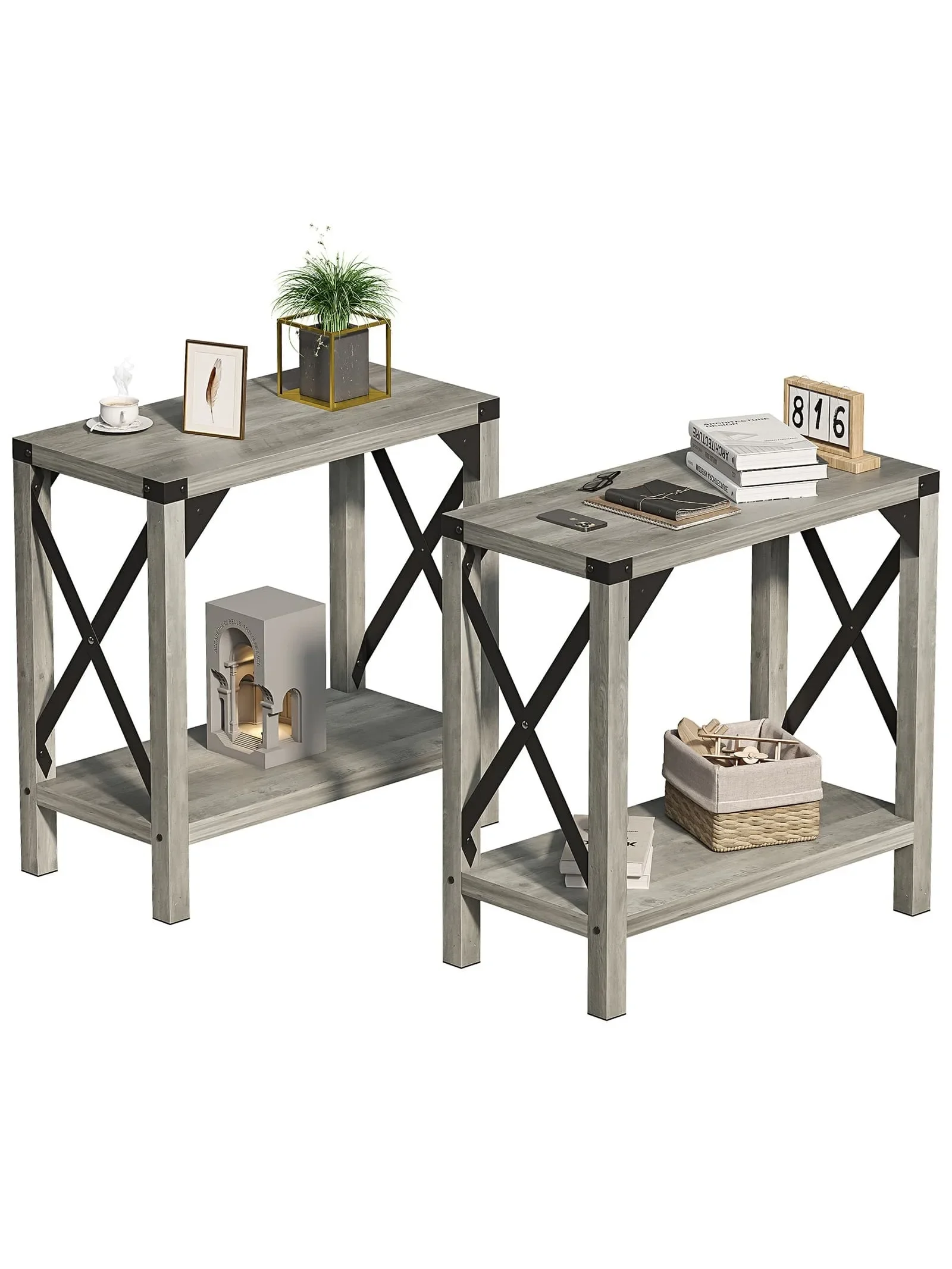 End Table Set of 1/2, Farmhouse Side Table with Storage, Small Entryway Table for Small Spaces Grey  for Living Room