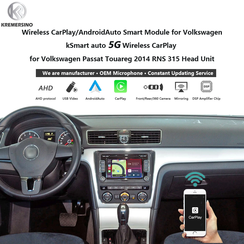 

Беспроводной смарт-модуль CarPlay AndroidAuto для OEM-микрофона Volkswagen Touareg Passat RNS315 2014