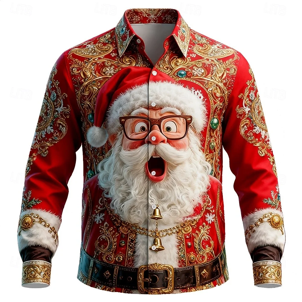 Christmas Men's Shirts Funny Santa Claus Face 3D Print Casual Long Sleeve Shirts Fashion Lapel Tops New Year Gift Shirt for Man