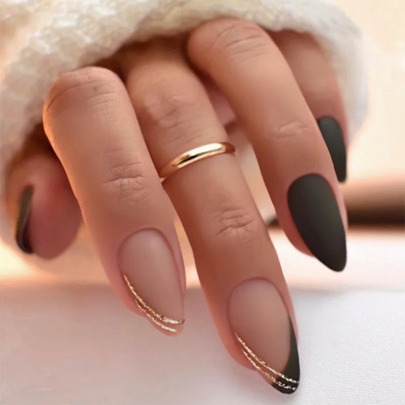 

24pcs Simple French Fake Nails Black Short Almond False Nail Tip Lines Design Stick on Nail Art Wearable Press on Nails Finished