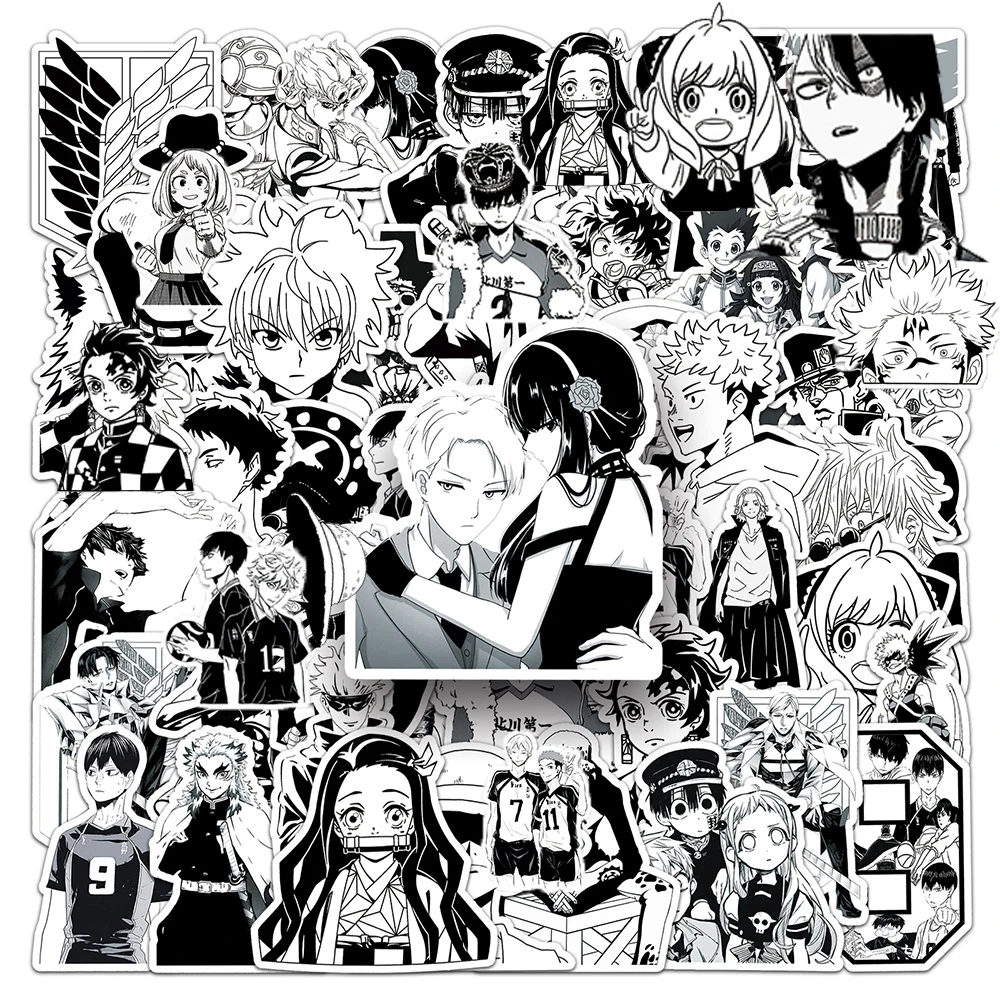 10/30/50pcs Cool Black White Japanese Anime Stickers Attack on Titan BLUE LOCK Manga Decals Laptop Phone Notebook Sticker Decor