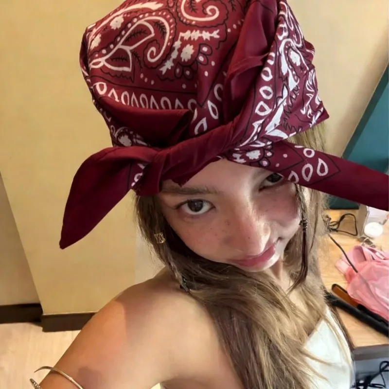 2026 Women Wine Red Silk Bandana Classic Western Cowboy Square Scarf Retro Hip Hop Headwrap Handkerchief for Spring Summer Gifts