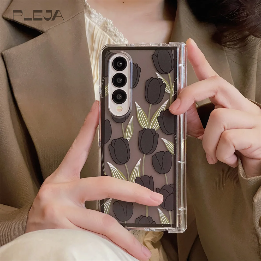 

Cute Black Tulip Flower Phone Case For Samsung Galaxy Z Fold 5 3 4 Fold3 fold4 5G Korean Stylish Hard Cover For Girl Women Cases