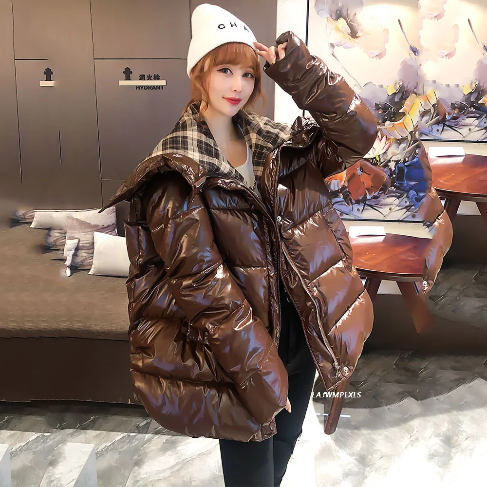 

Cotton Glossy Plaid lapel Women Winter 2023 New Korean loose thick Warm Coat Bright Bread Parkas trendy Fashion clothing