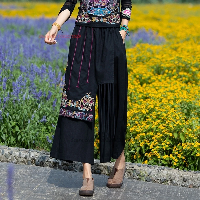 

2025 chinese vintage pants national flower embroidered elastic waist folk pants traditional ethnic pants retro wide leg trousers