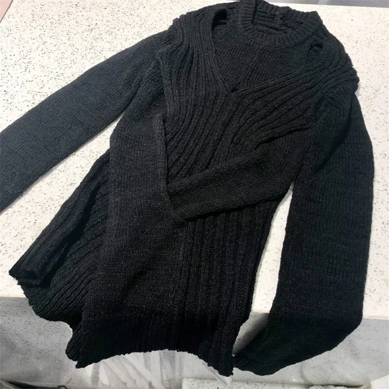 Unregelmäßige Frauen Pullover elastisch stricken Herbst und Winter lose Hemd Langarm Rundhals-Top für Frauen sexy Hohl mantel