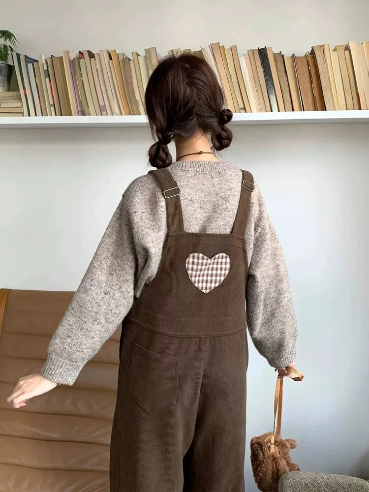 Caramel Corduroy Overalls Women's Autumn 2025 New Sle Cute Vintage Loose Straight Leg Jumpsuit High Waist Button Closure