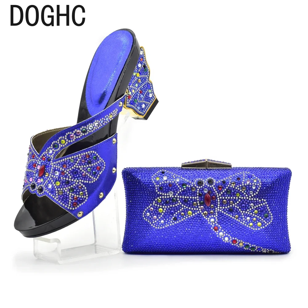 

Latest Nigerian Party Shoes and Bag Set Decorated with Rhinestone Wedges Shoes for Women Italian Shoes and Bags Matching Set