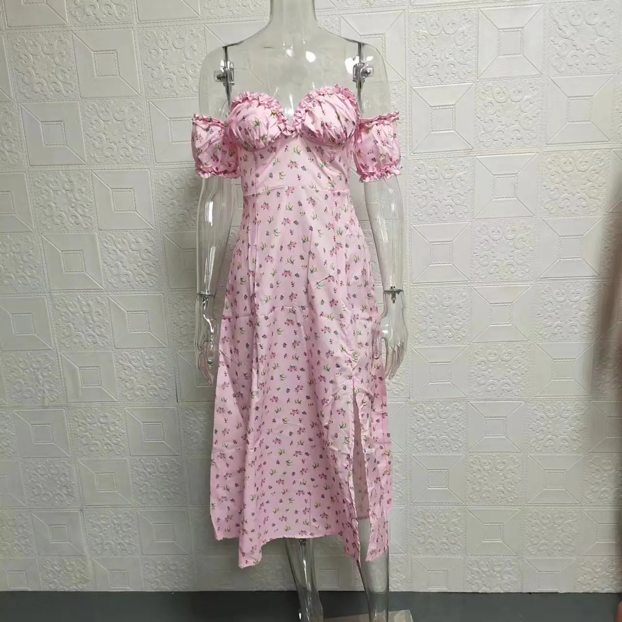 เดรสเกาะอกลายดอกไม้ผ่าข้างเซ็กซี่แฟชั่นของผู้หญิงยุโรปและอเมริกัน