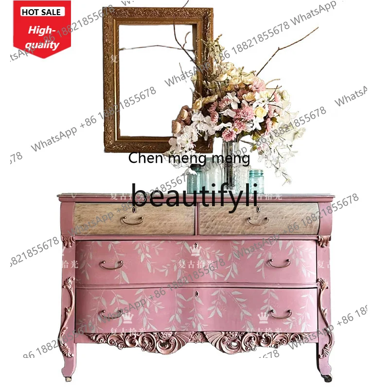 Vintage Solid Wood Carved Chest of Drawers American Style Painted Decorative Cabinet Wall-Mounted Storage Cabinet Pink