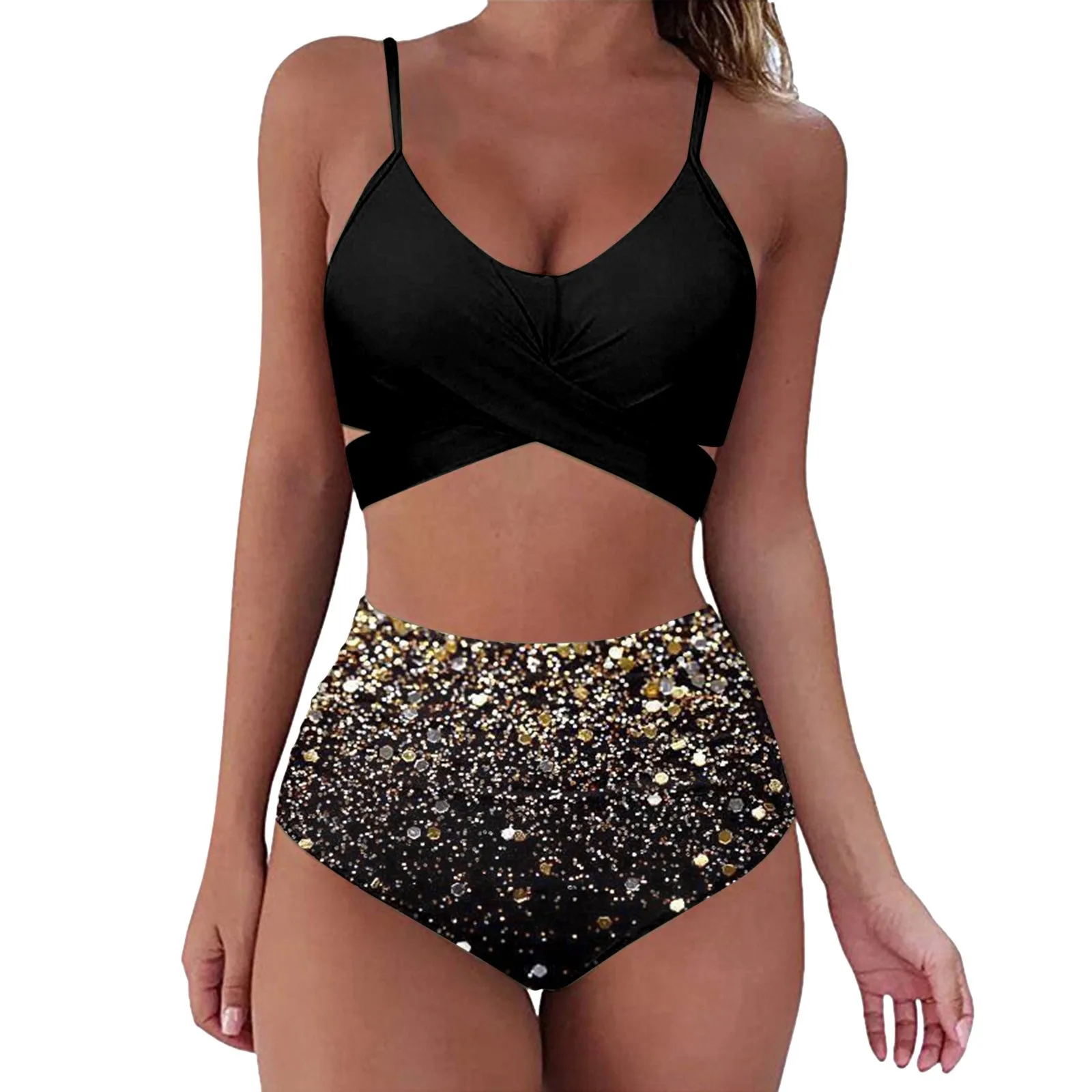 Conjunto de Bikini Floraprint para mujer, traje de baño de dos piezas con realce, cintura alta, estampado sólido, Tankini