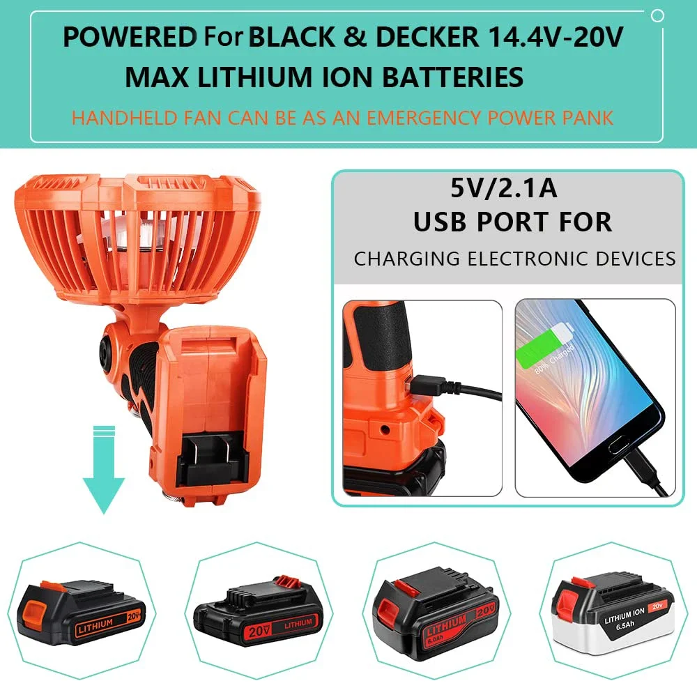 Портативный уличный вентилятор для батарей Black & Decker, 20 В, перезаряжаемый вентилятор для кемпинга с блоком дистанционного управления, портом USB-A, светодиодной подсветкой