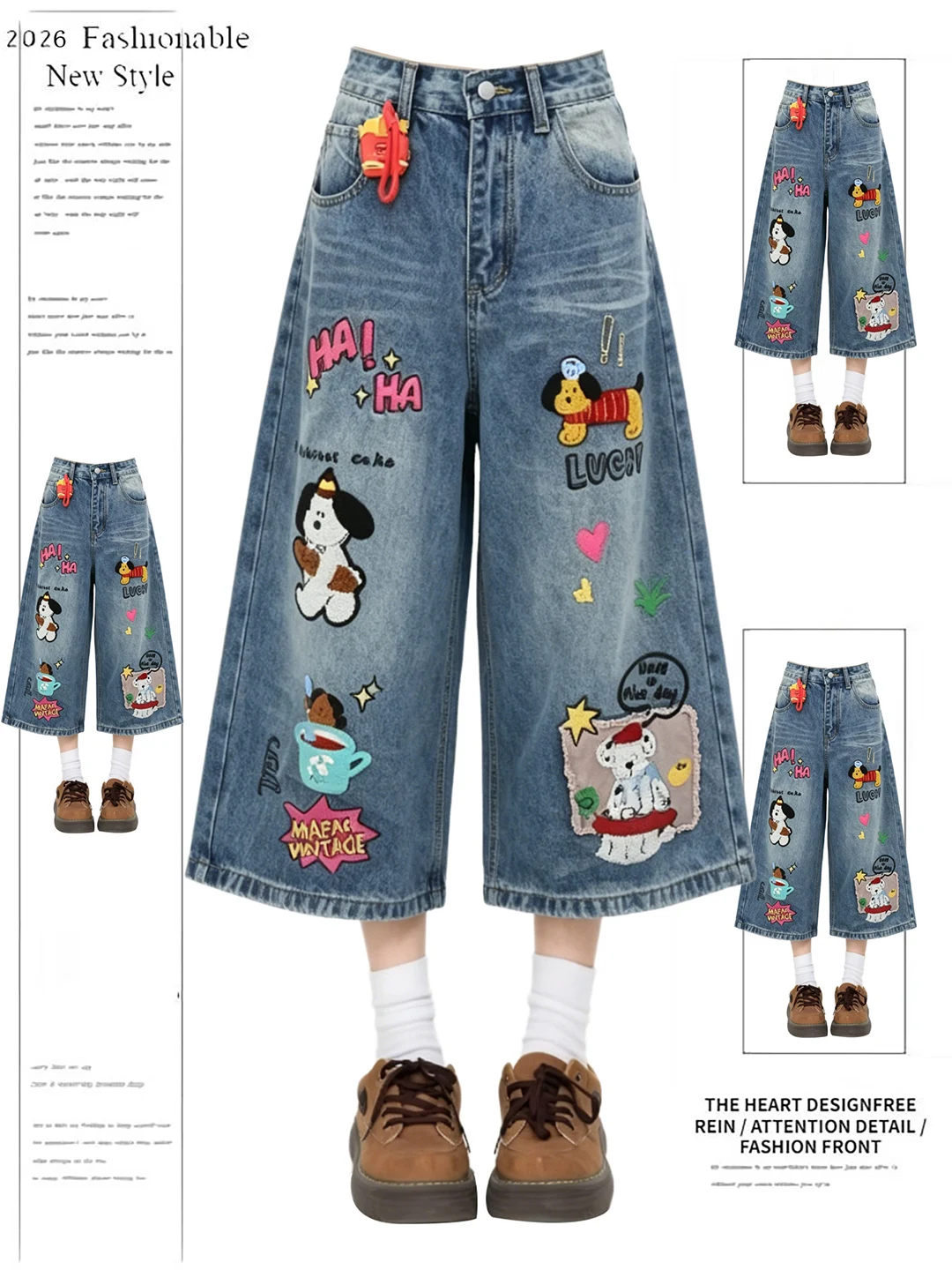 

American Cartoon Embroidery Wide Leg Jeans Women's Style Summer New Loose Slim Short Length Straight Cut Denim Pants