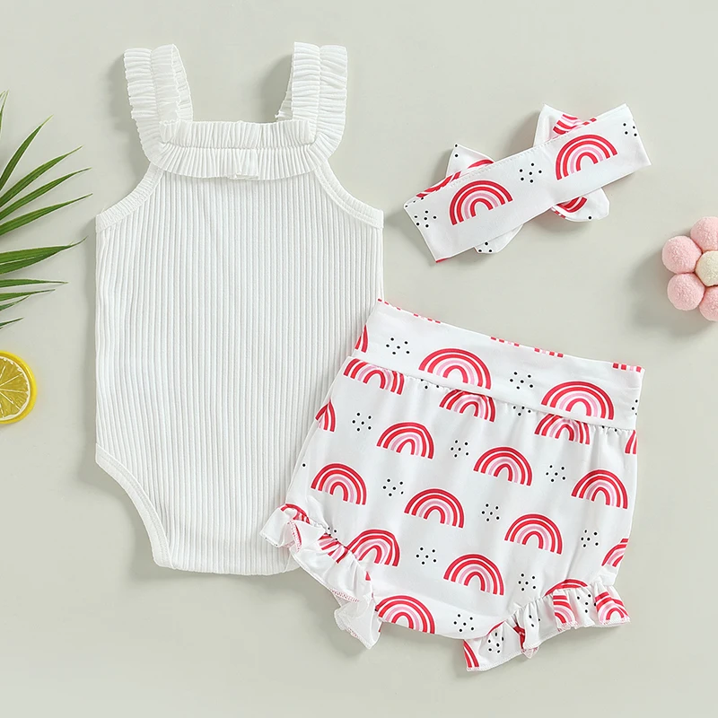 Infant Baby Girls Clothes Suits Solid Color Ribbed Sleeveless Frills Sling Romper Rainbow Print Shorts Headband 3Pcs Set