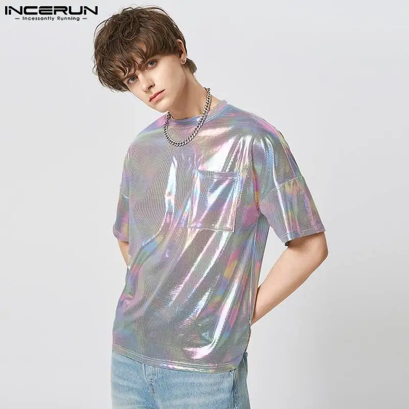 INCERUN-Camiseta de manga corta para hombre, camisa informal con cuello redondo brillante, holgada, con bolsillos, a la moda, para fiesta, para