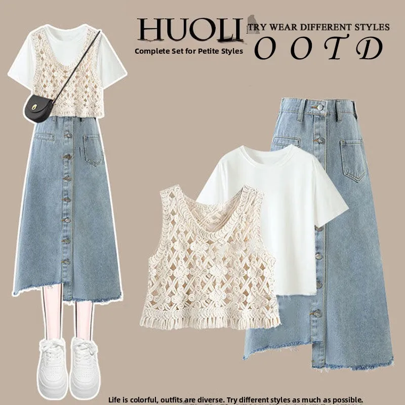 

plus Size Summer Outfit 2023 New Sle Age-Defng Beautiful Faionable Hollow out Vest And Denim Skirt Tee-Piece Set