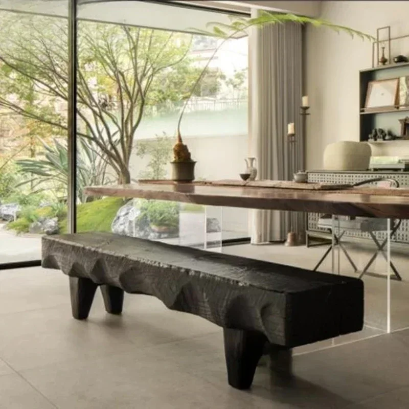 Long bench Carbonized black B & B Hotel lobby Entrance stool Log rest bench