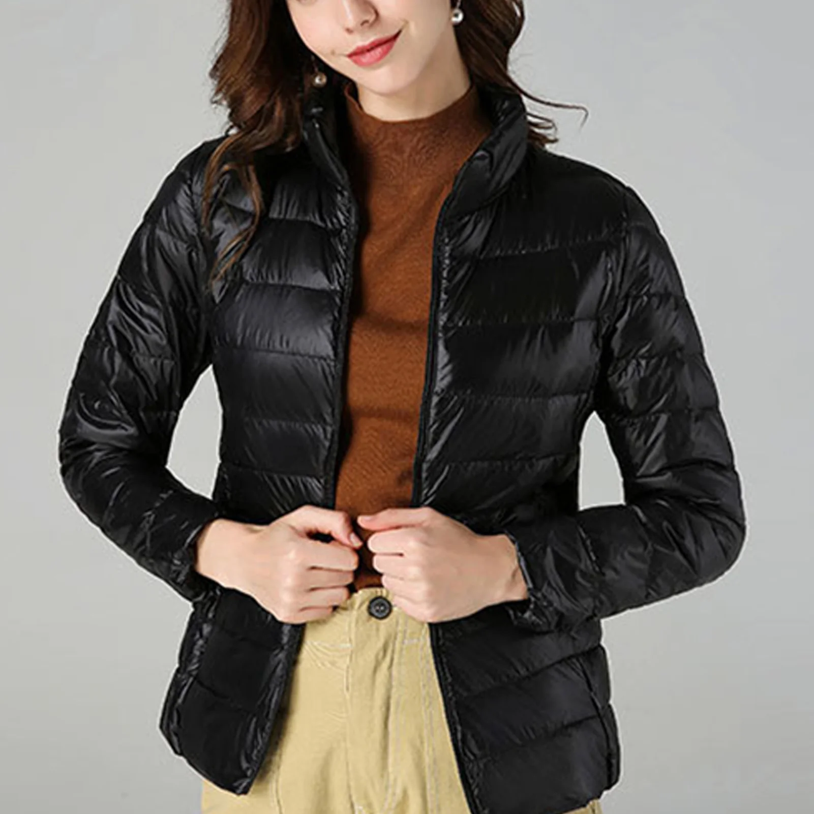 Mulheres ultraleve pelúcia com capuz Puffer Down jaqueta, Stand Collar, Ir às Compras desgaste, Wa