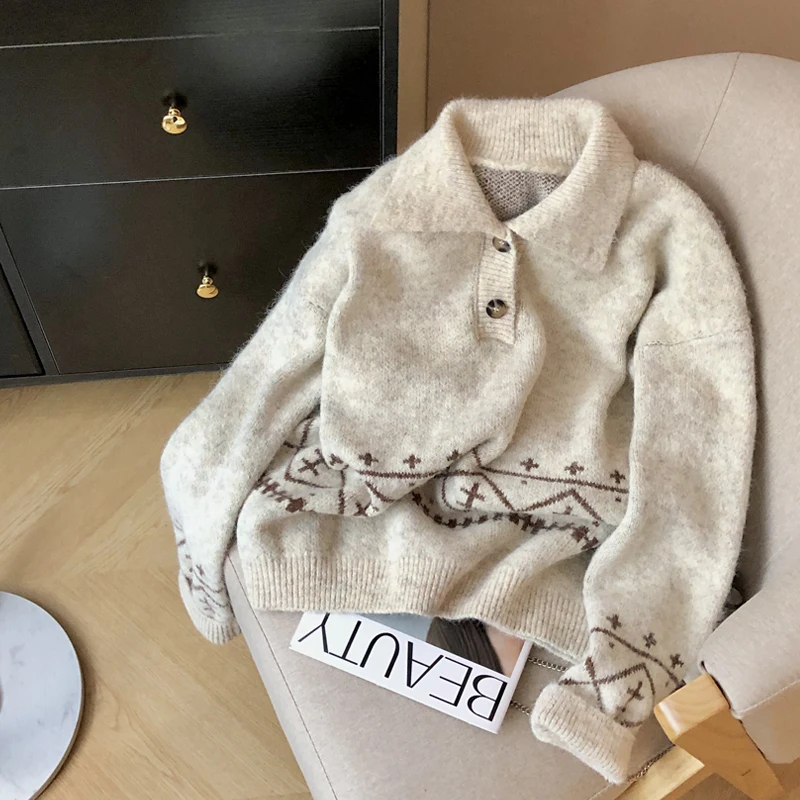 

Vintage Turn Down Collar Thick Pullovers Solid Color Thermal Loose Casual Knitwear Female Daily Out Versatile Knitted Sweater