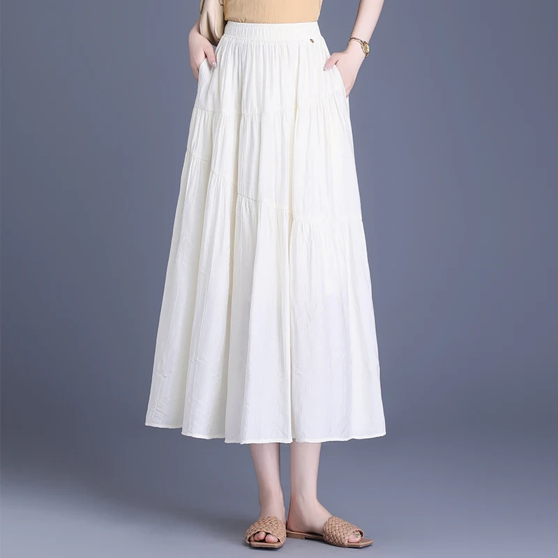 

Белая плиссированная юбка из ледяного шелка, женская юбка миди с высокой талией, А-силуэт, юбка-парасолька, универсальная юбка с широким подолом для весны и лета