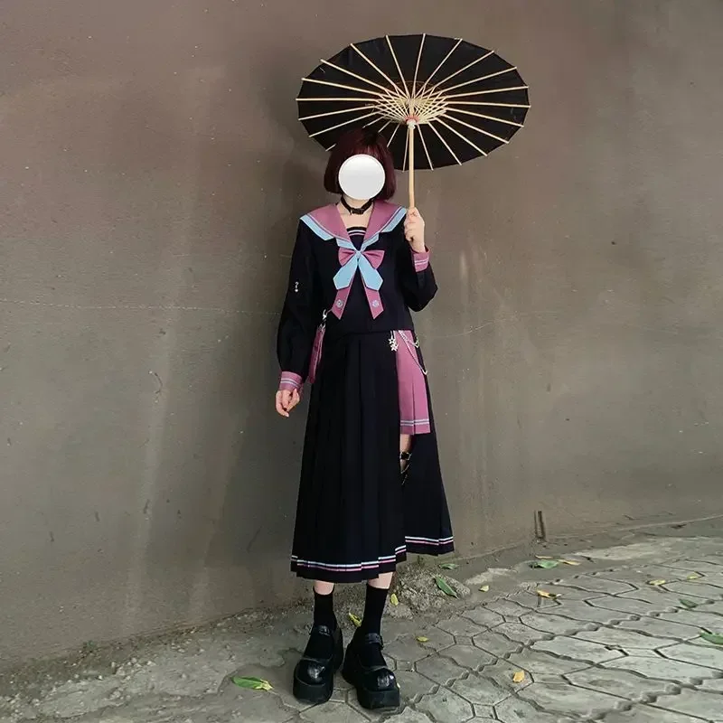 Original Contrasting Color Navy Collar Short Long Sleeved Top Irregular Pleated Skirt Jk Uniform Female Japanese Sailor Suit