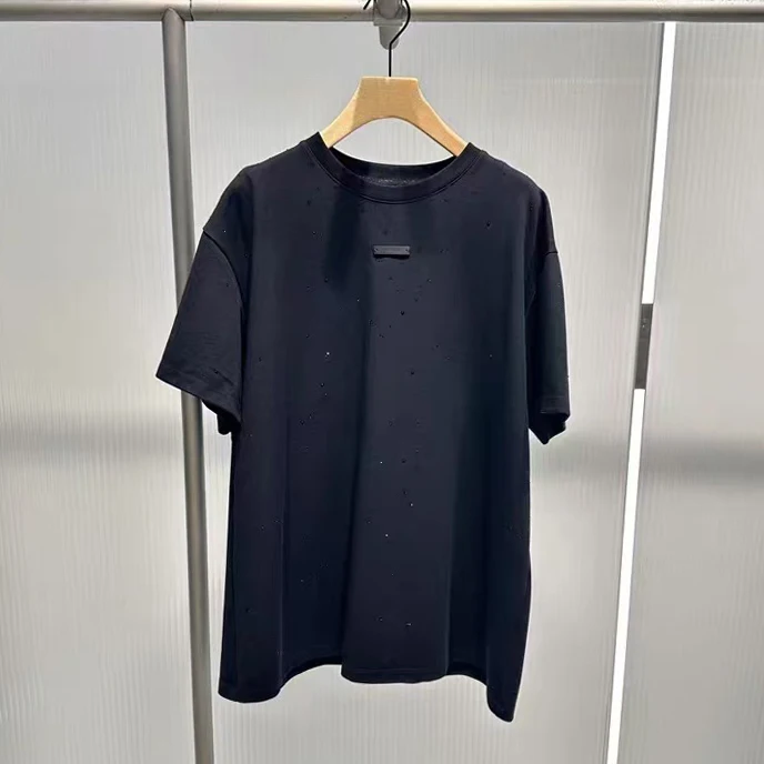 

High-End Women's Loose ort-Sve T-irt Bla Decorated with Rivets Autumn Winter New Sle Casual Comfortable Cotton Tee