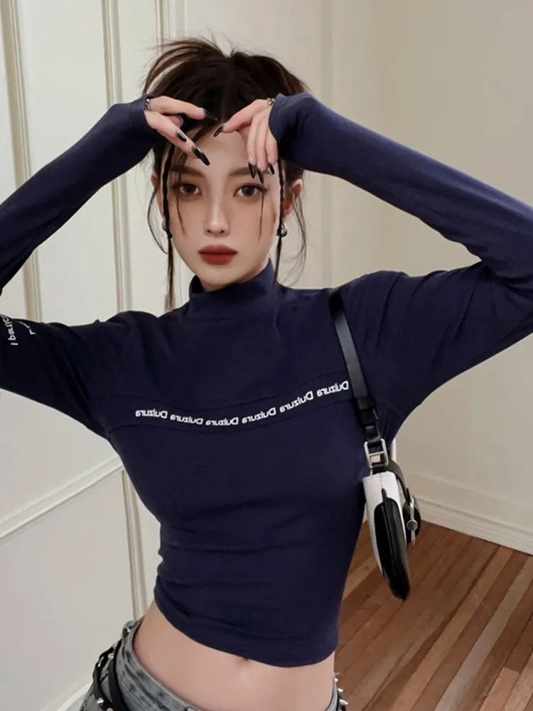 

Gothic Print Letter T Shirt Women Skinny Y2k Vintage Crop Tops Turtleneck American Retro Grunge Aesthetic T-shirt