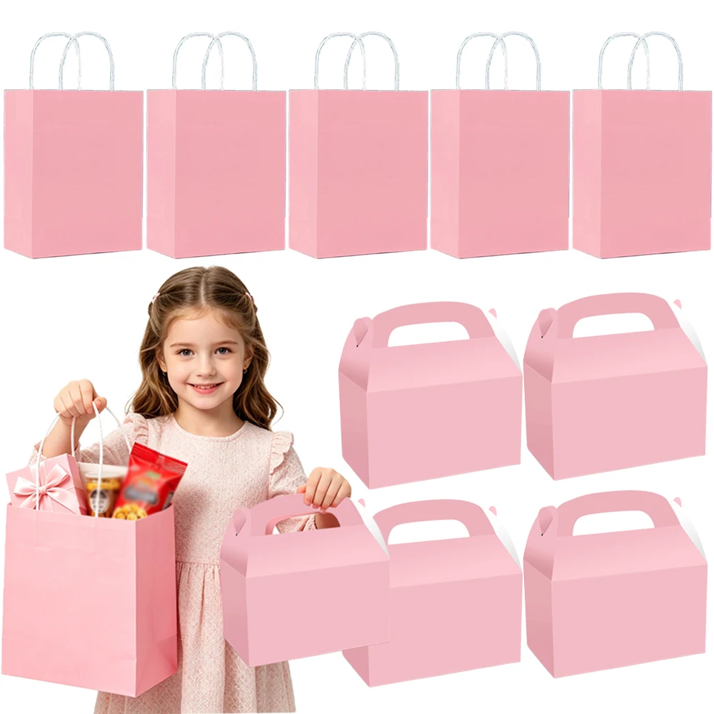 5-50 pièces Sacs cadeaux roses en papier avec poignée pour filles, anniversaire de princesse, baby shower, fournitures pour bonbons et cadeaux