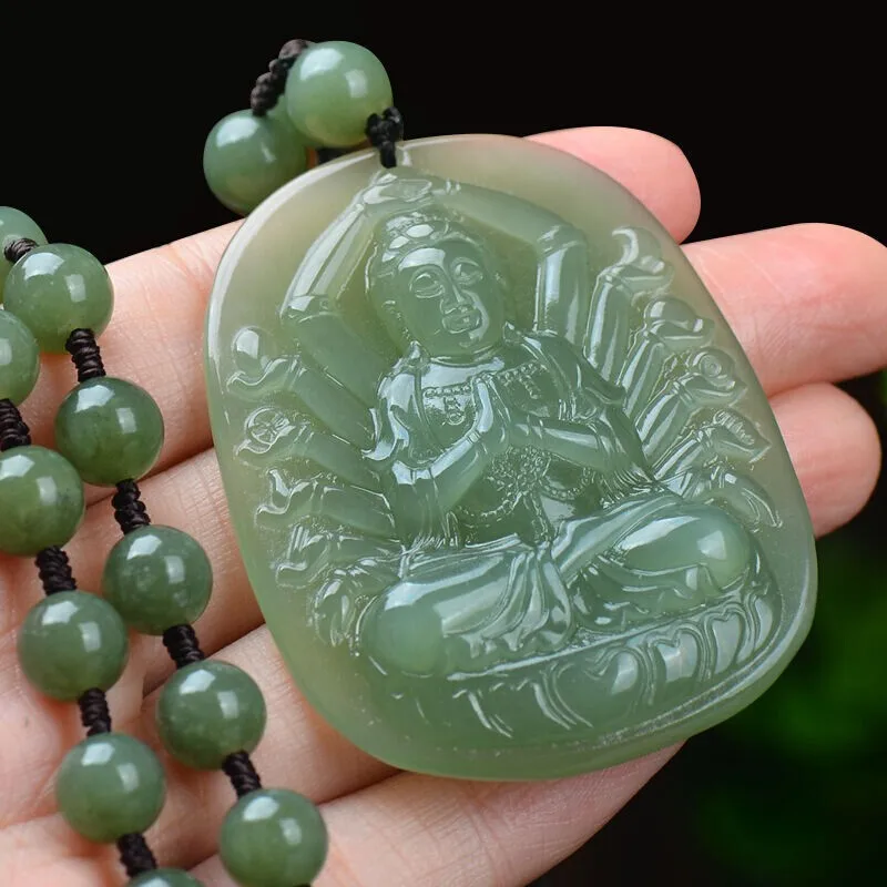 Hetian , Bodhisattva Thousand-Hand Jade Guanyin Pendant, Zodiac Rat Buddha Necklace