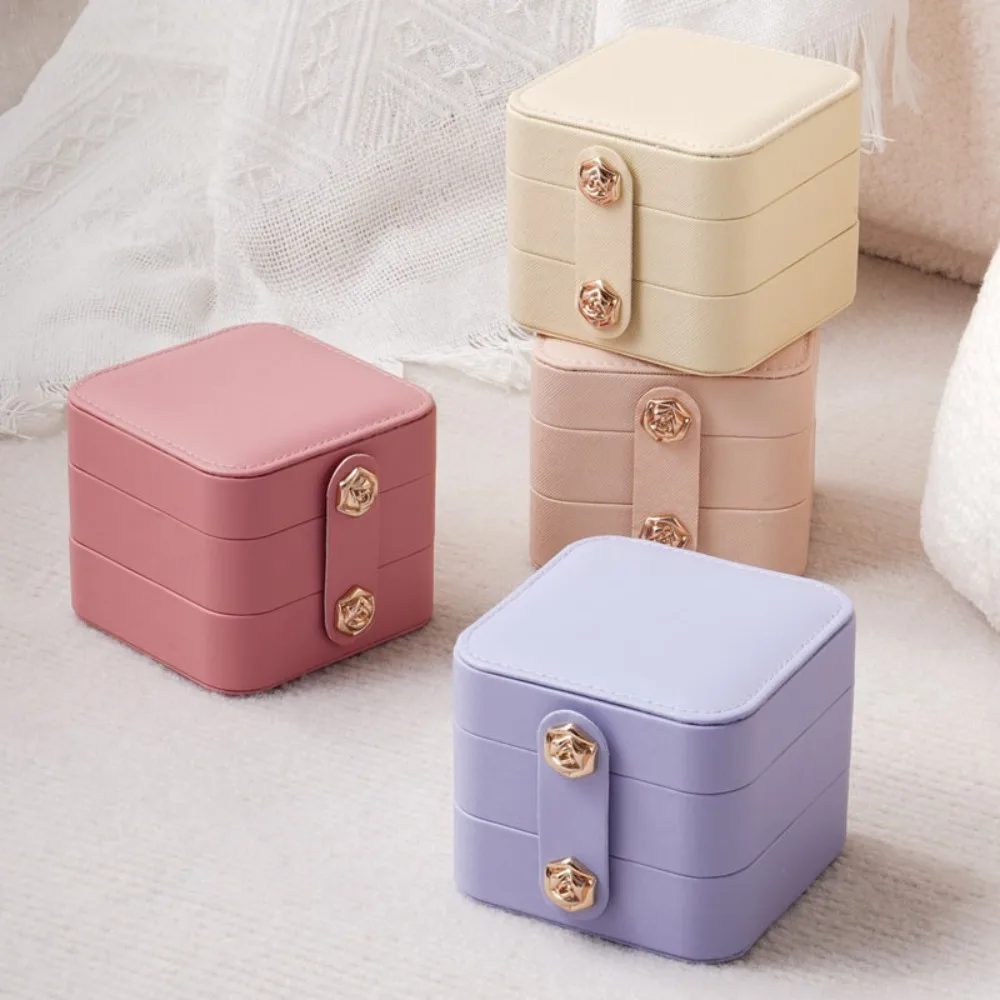 Portable Flower Buckle Jewelry Packing Bag PU Leather Double Layer Earring Storage Case Multi-function Square Ring Holder Gift