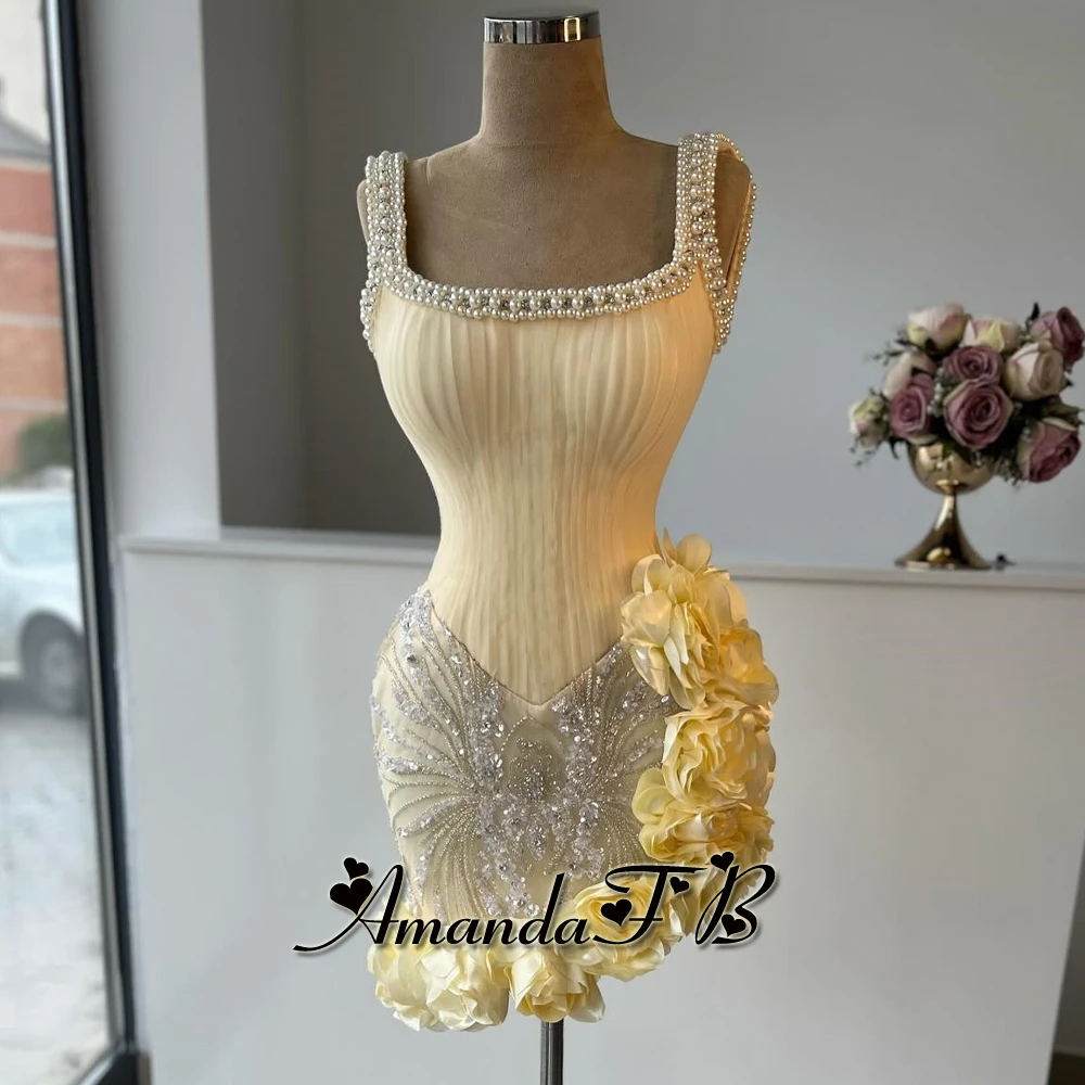 أماندا فستان كوكتيل رائع لحفلات العودة للوطن مزين باللؤلؤ ورقبة سكوب زهور ثلاثية الأبعاد مطوي مسابقة فيستدوس دي غالا مخصصة #1