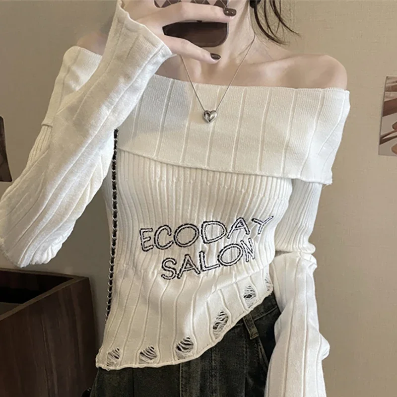 EVNISI Women Slash Neck Office Sweater Jumper Letter Printed Knit Sweaters Irregular Off Shoulder Sexy Pullovers Spring 2024