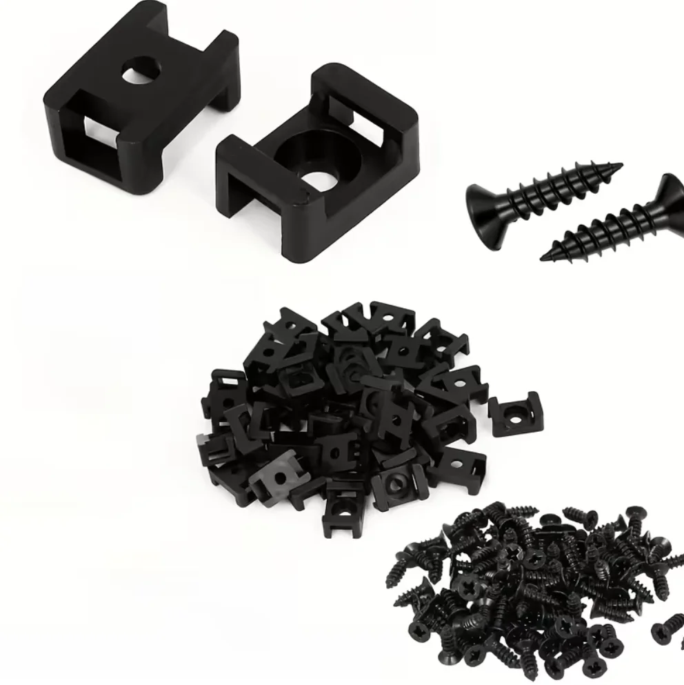 100 Sets Cable Tie Mount Base Kit 100Pcs Mounting Bases +100Pcs Screws Self‑Adhesive Cable Holder For Wall Desk TV PC Home Offic
