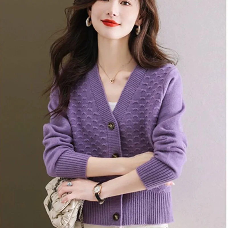 Women Clothing Solid Vintage Loose V-neck Knitted Cardigan Autumn Winter Fashion Elegant Commute V-neck Sweater