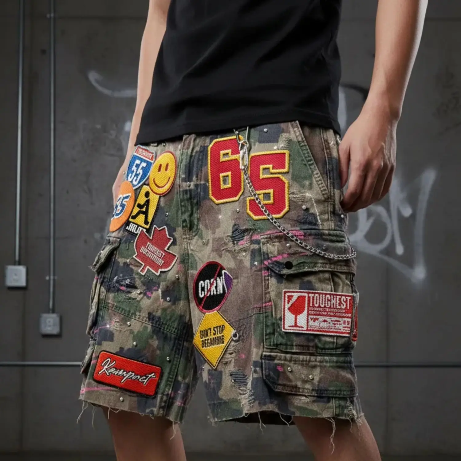 American Retro Embroidery Patch Denim Short Y2K Jeans Men Women Hip Hop Camo Graphics Streetwear Loose Denim Casual Shorts