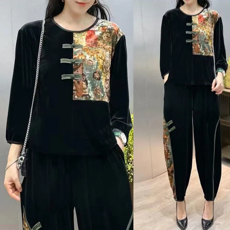 

Retro Womens Suits Gold Velvet Sports Suit Middle-Aged Elderly Mom Crew Neck printed patchwork T-Shirt Harem Pants 2 Piece Set